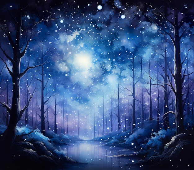 Illustration of a night mysterious forest in watercolor