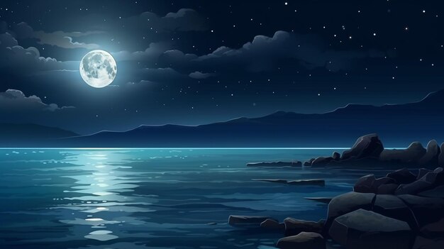 Illustration of a night sea view with a full moon and shining stars 13