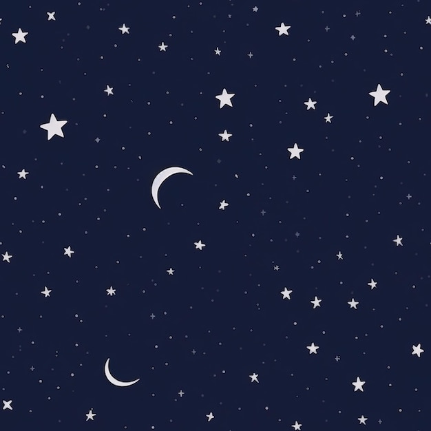 Illustration of night sky with sparse stars and celestial moon on white