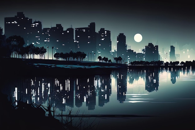 Illustration of a nighttime cityscape with a river embankment