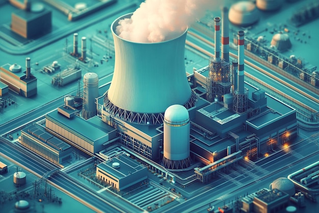 Photo illustration of a nuclear power plant with massive wind turbines and cooling towers