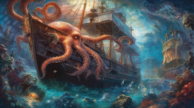 An illustration of an octopus attacking a ship.