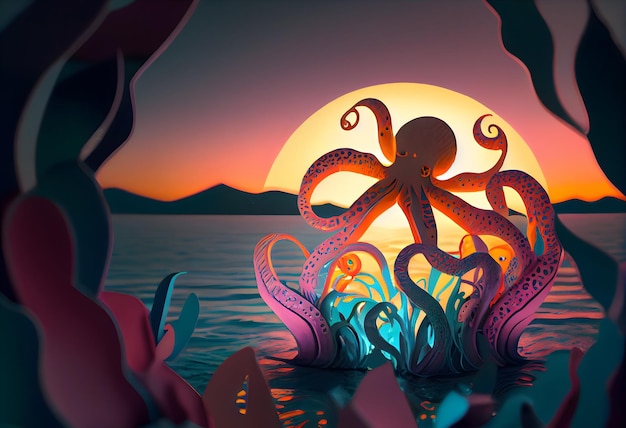 An illustration of an octopus in the water with the sun behind it.