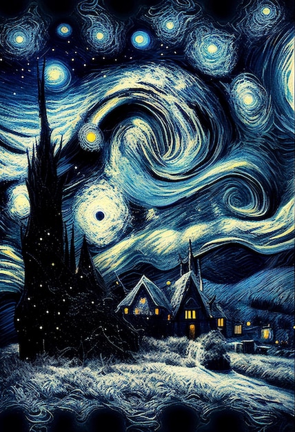 Illustration oil paint house and snow on starry sky winter Created with Generative AI technology