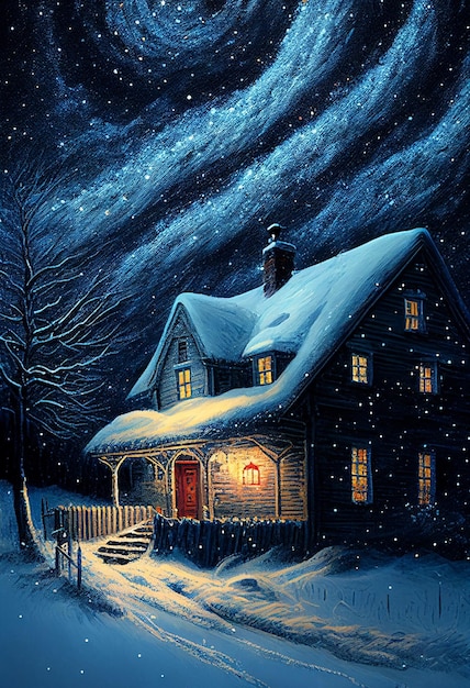 Illustration oil paint house and snow on starry sky winter Created with Generative AI technology