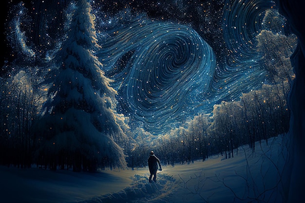 Illustration oil paint house and snow on starry sky winter Created with Generative AI technology