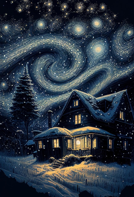 Illustration oil paint house and snow on starry sky winter Created with Generative AI technology