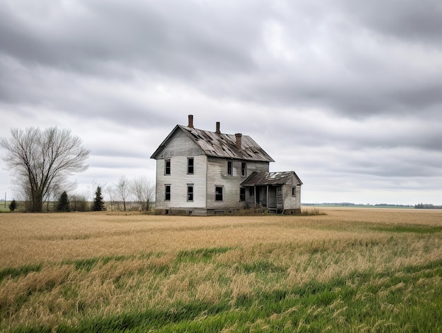 Illustration of an old abandoned farmhouse in a field with cloudy sky in the background