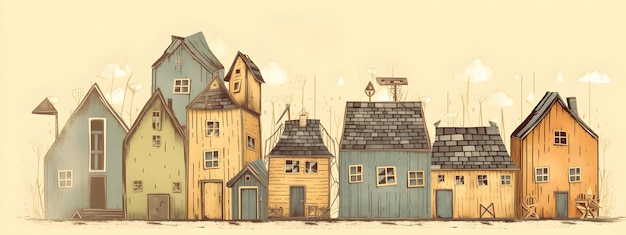 Illustration of old colorful wooden houses in row banner