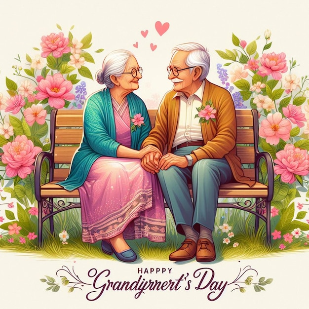 an illustration of an old couple on a bench with flowers and a card for grand grandparents