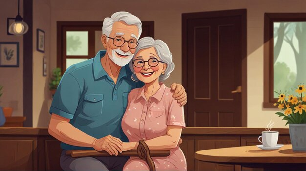 an illustration of an old couple hugging in a room with a fireplace and a picture of an old couple