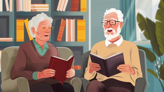 Photo an illustration of an old couple reading books