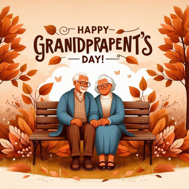 an illustration of an old couple sitting on a bench with the words happy grandparents day