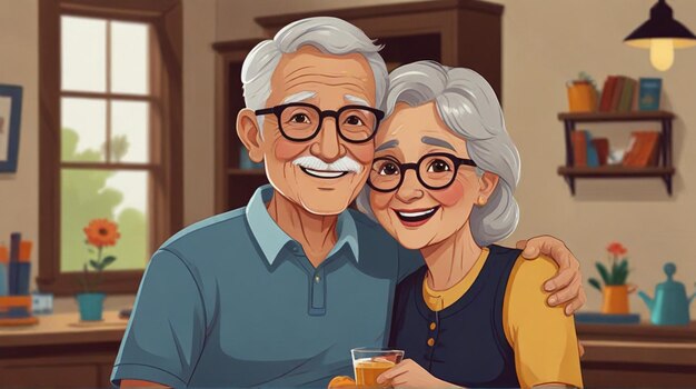 an illustration of an old couple with glasses of beer and a happy couple holding a glass