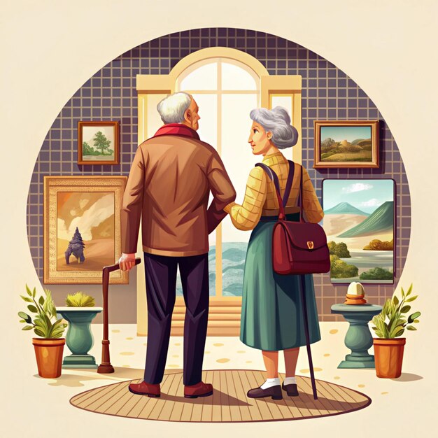 Photo an illustration of an old couple with a suitcase and a picture of a man and woman