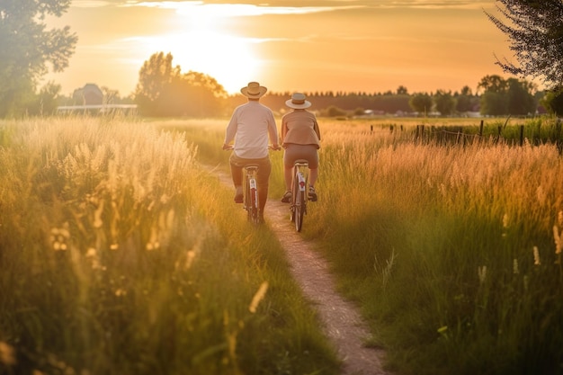 Illustration of old happy couple on bicycle