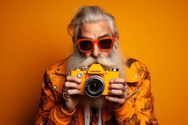 illustration of an old man posing with a camera on orange background in the style of fashion photography