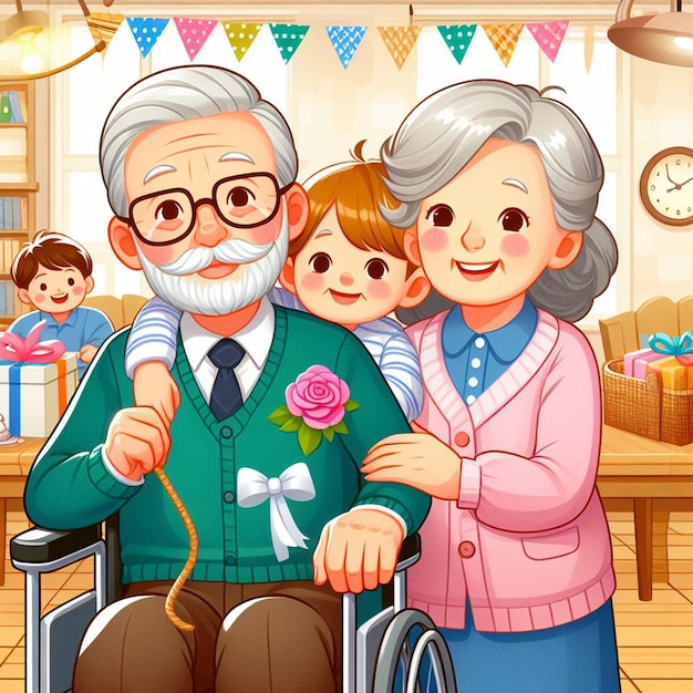 Photo an illustration of an old man with a child and a card that says grandparents