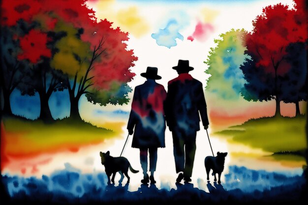 An illustration of old people Watercolor paint Happy family spending time together Generative AI