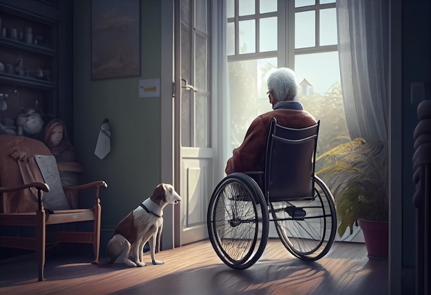 Illustration of an old person sitting on wheelchr near window with dog