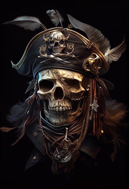 Illustration of an old skull pirate on board a ship a portrait of a captain a sea black background