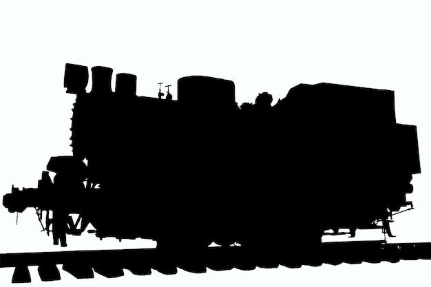 An illustration of an old steam locomotive without wagons in detail stands on the rails on a white clipping background. Side view