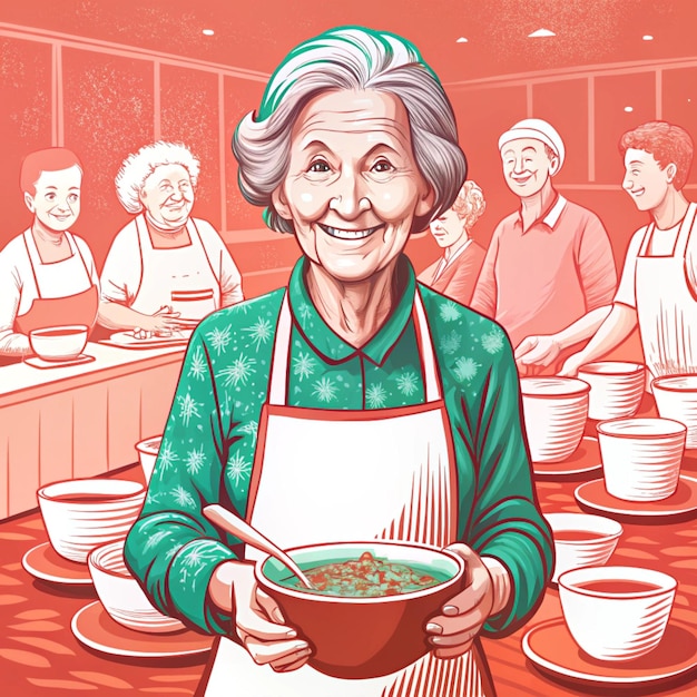 Photo an illustration of an old woman with a bowl of food in front of her