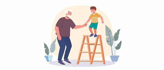 Photo an illustration of an older man and a young boy shaking hands with a ladder