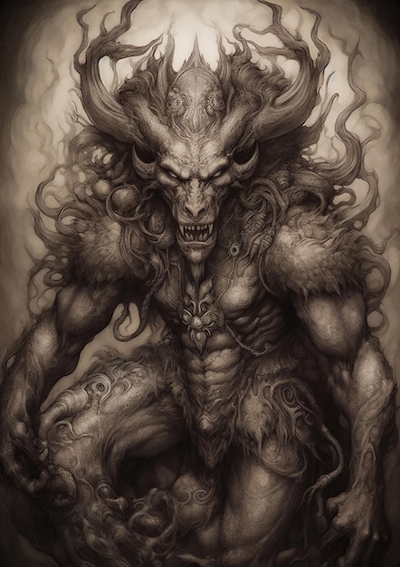 Illustration of a Oni in a fictional scenery for frame Mythological character concept art