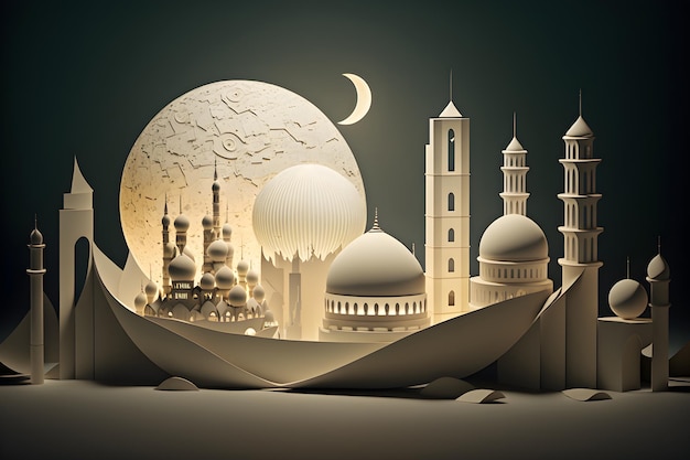 illustration an open book with a mosque and a moon on the top