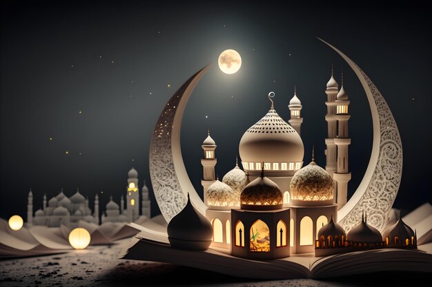 illustration an open book with a mosque and a moon on the top