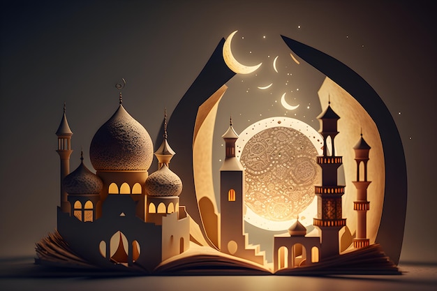 illustration an open book with a mosque and a moon on the top