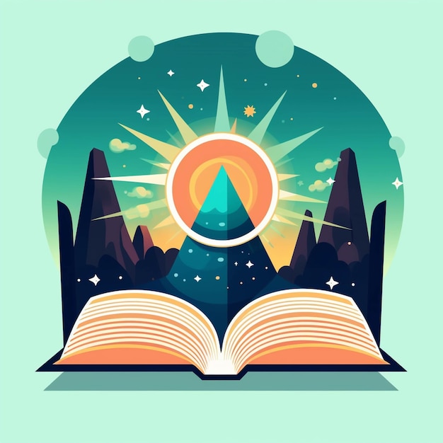 Illustration of open book with mountain landscape and sun in background generative ai