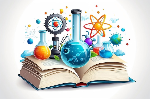 illustration of open book with science elements on white background