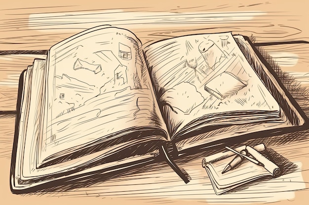 Illustration of an open book on a wooden table with sunlight streaming in from a nearby window Generative AI