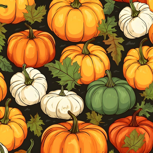 An illustration of orange and green pumpkins on a black background The pattern is in the form of different pumpkins Thanksgiving collection farm harvest pumpkin closeup ripe vegetables