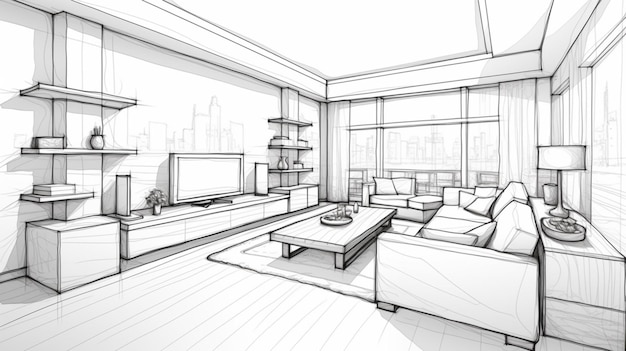 Illustration of an outline sketch of a interior 3D Graphical drawing interior