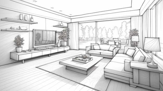 Illustration of an outline sketch of a interior 3D Graphical drawing interior