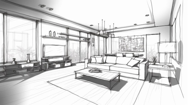 Illustration of an outline sketch of a interior 3D Graphical drawing interior