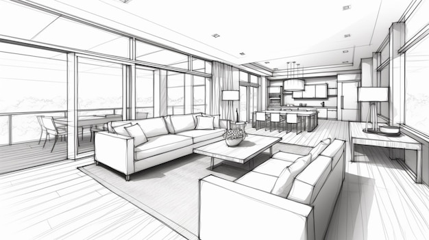 Illustration of an outline sketch of a interior 3D Graphical drawing interior