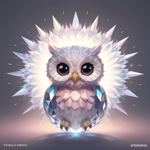 an illustration of an owl with a blue diamond on it