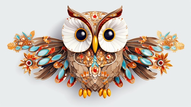 An illustration of a owl with colorful feathers and a white background.