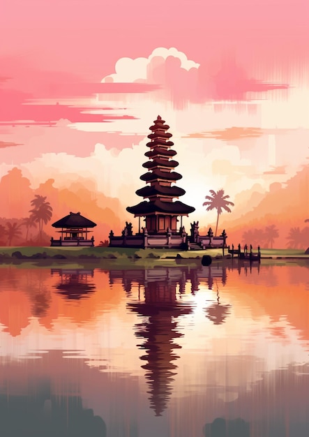 Illustration of a pagoda on a lake with people walking around it generative ai