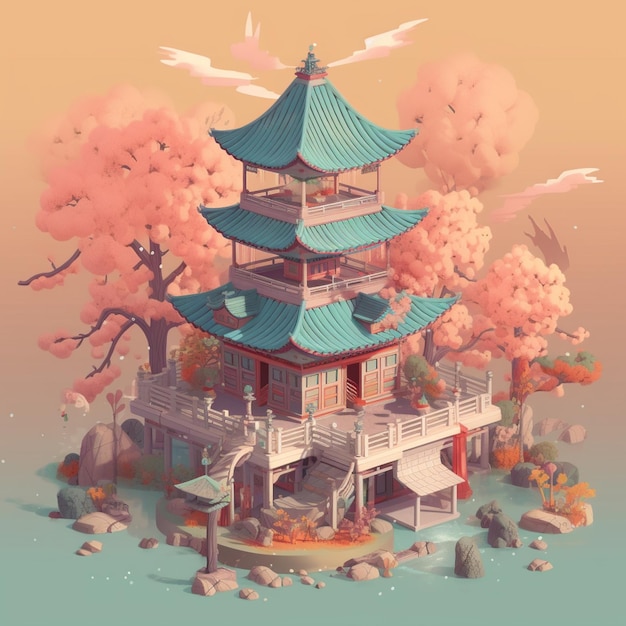 Illustration of a pagoda in the middle of a lake surrounded by trees generative ai