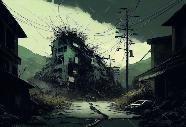 Illustration painting of destroyed Abandoned City Zombie Apocalypse Generate Ai