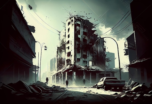 Illustration painting of destroyed Abandoned City Zombie Apocalypse Generate Ai