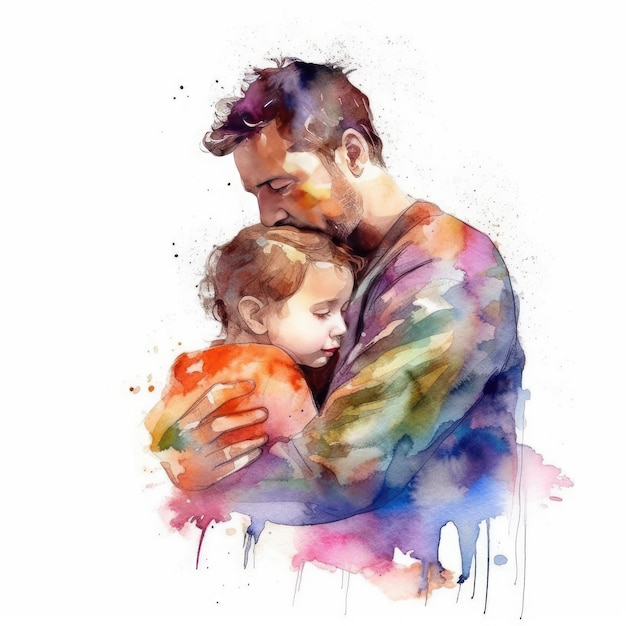 Illustration of a painting of a father and son using colorful watercolors with expressions