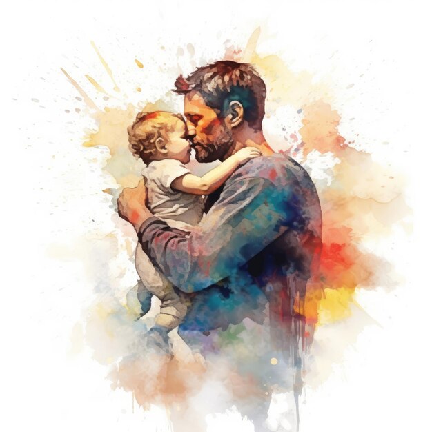 Illustration of a painting of a father and son using colorful watercolors with expressions