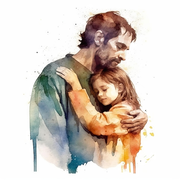 Illustration of a painting of a father and son using colorful watercolors with expressions