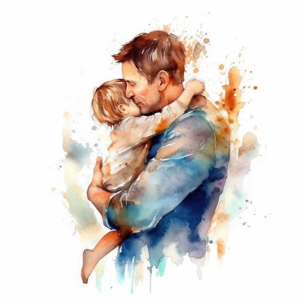 Illustration of a painting of a father and son using colorful watercolors with expressions